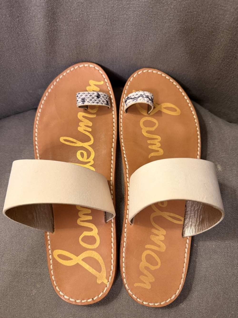 Sam Edelman Cream Leather Slide Sandals with Snake-Print Toe Loop